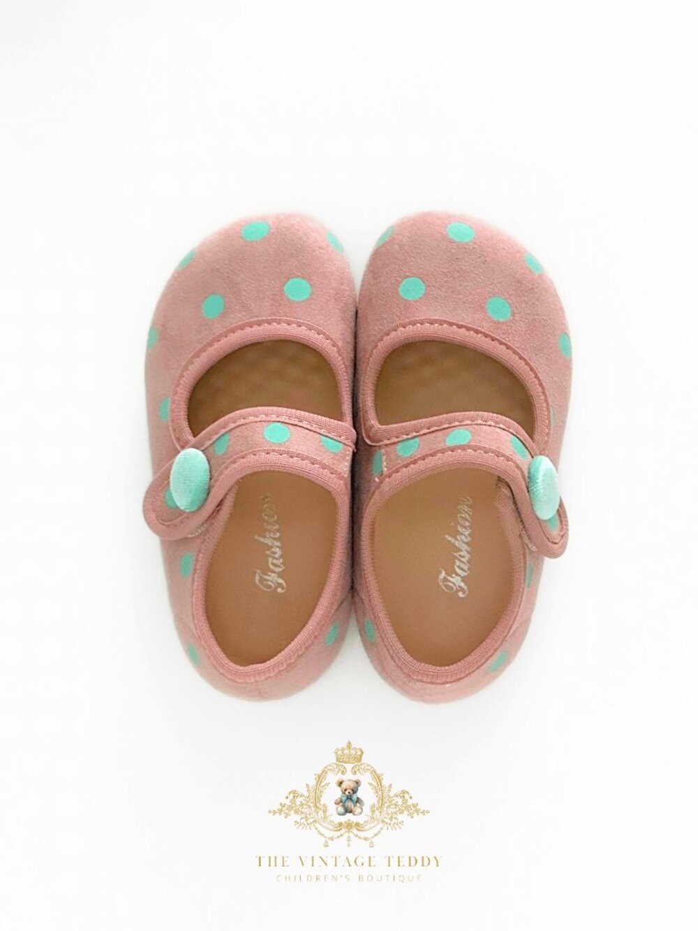 NWT Adorable Girls Flats Children's Shoes Kids Shoes Mauve & Aqua Polkadots 7